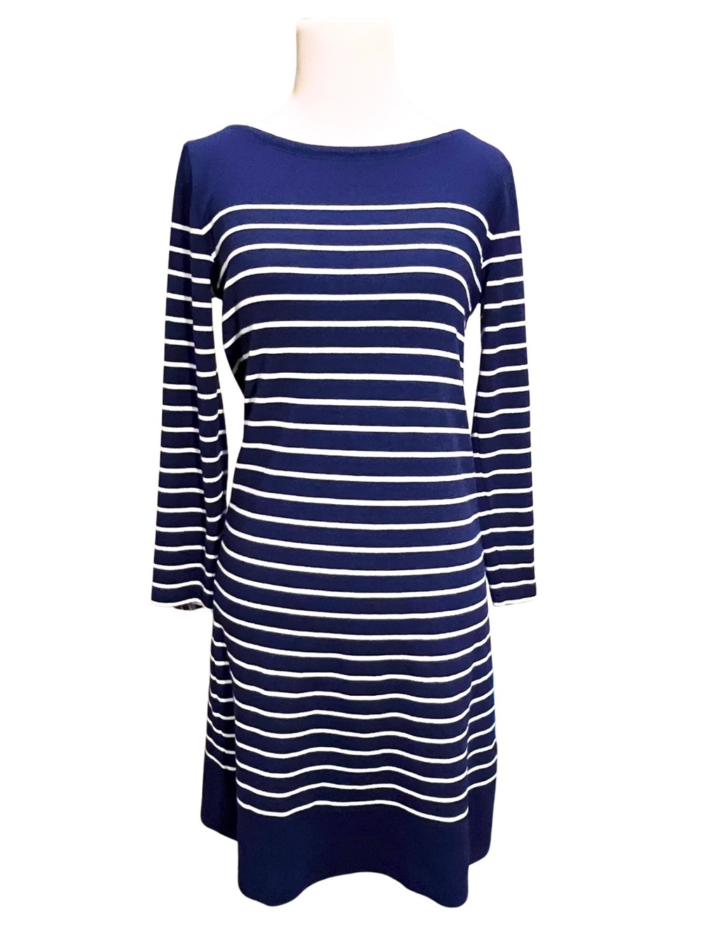 Vineyard Vines Navy Blue and White Striped Soft Long-Sleeve Midi Shift Dress S
